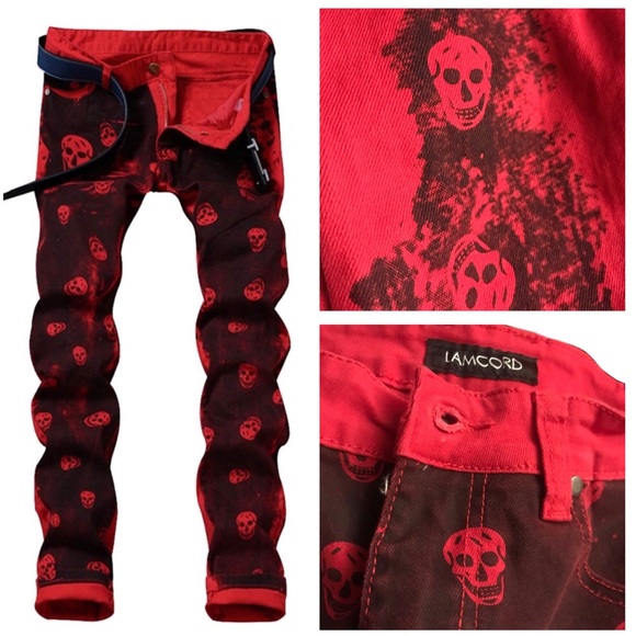 SOLD LAMCORD Red Black Skull Slim Fit Skinny Jeans - Picture 2 of 8